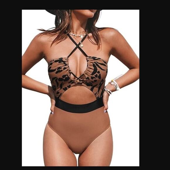 Cupshe Brand NWT Women's Large Monokini Plunge Neckline One Piece Swimsuit Brown - Picture 1 of 4
